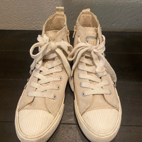 Zara Girls Hightop Lace-Up Side Zip Tennis Shoes w/Rhinestones Cream Color Cute! - Picture 6 of 14